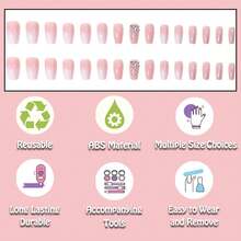 Uñas postizas ANDGING de estilo ombré blanco con punta francesa rosa, cortas y medianas, falsas uñas acrílicas con pegamento, diseño con brillo y strass, para mujer, uñas de gel adhesivas para bodas LLA8 - Blanco - Ver 3