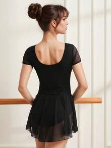 Women's Backless Mesh Short Sleeve Ballet Dance Leotard Skirts For Adult Dance Gymnastics Performance Training Bodysuits Top With Sweetheart Neck And Soft Front Lining High-Low Mesh Dress Ballet Clothes