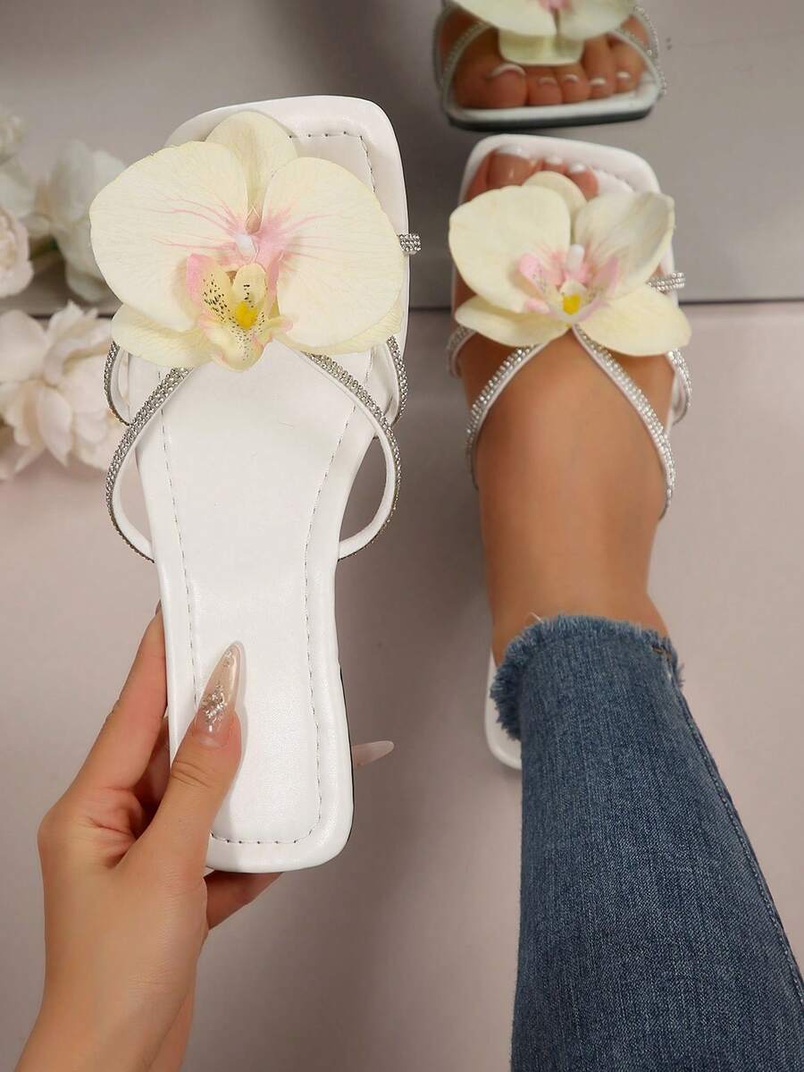 优雅花卉装饰休闲一脚蹬鞋，涤纶纤维，精致的3D花朵，适合度假、派对、办公室、室内和室外，温柔甜美风格，夏季