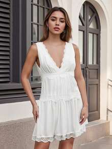 Womens Y2k Lace Patchwork Mini Dress Solid Color Lace Trim Deep V Neck A Line Short Dress Summer Backless Sleevelss Low Cut Drop Waist Short Tunic Dress Home Nightgown Sleep Dress - 白色 - 查看 4