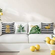 4pcs Black & White Striped, Gold Pineapple, Flamingo, Green Watercolor Leaves, Gold Heart, Printed Pillow Covers [No Pillow Insert], 17.7*17.7in (45*45cm), [Single-Sided Printing] Polyester Throw Pillow Covers For Sofa, Bed, Living Room, Bedroom, Car, Office, Hotel Decoration, Suitable For All Seasons, Perfect Gift For Family And Friends