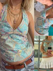 Women's Casual Vacation Style Sleeveless Hanging Neck Lace Splicing Slim Hanging Neck Camisole Tank Top Dating Vacation Party Beach Wear Fashion Summer Slim Low Neck Backless Tropical Printed Top - 藍色 - 查看 4