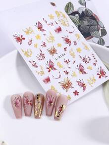 2 件盛开的花朵蝴蝶指甲贴纸金属红金色花朵法式美甲装饰指甲贴花粘性 DIY 贴纸适合女士女孩日式指甲艺术