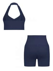 2件套女士性感休闲运动跑步纯色吊带背心和短裤套装，夏季 - 藏蓝色 - 查看 10