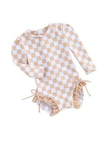 Girls Bikini Beach Swimwear Long Sleeve Checkerboard Print Ruffle Romper Bathing Suit - Caqui - Ver 2