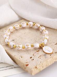 1 pieza Brazalete elástico con cruz bautismal de esmalte en blanco y dorado, estilo minimalista cristiano, accesorio de joyería de moda para hombres, regalo para uso diario, vacaciones