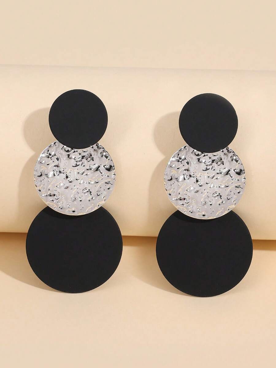 1 Pair Women's Fashion Contrast Color Round Textured Disc Earrings - Black Silver Black - View 1