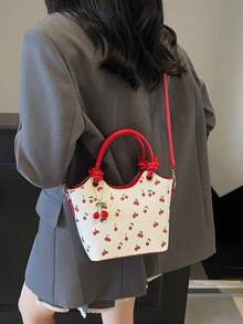 Bolso de hombro tipo cubo mini con estampado de cerezas, adecuado para chicas en verano para ir al trabajo, compras, fotografía de bodas, festivales, bolso de mujer popular - Rojo - Ver 6