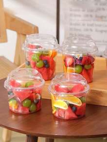 10个带盖透明圆形包装杯，时尚水果沙拉、酸奶和果汁杯 - 白色 - 查看 2