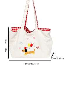 1 chiếc túi tote vải canvas màu be thêu hình cún con dễ thương, có thể gấp gọn và nhẹ, dung tích lớn, túi đeo vai cho nữ, có nơ, kiểu Kawaii. - Màu be - Xem 2