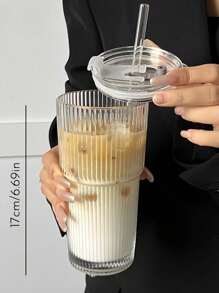 1pc Vertical Striped Plastic/Glass Cup With Lid, Highly Attractive Household Milk Cup, Large Capacity Water Bottle For Summer Back To School
