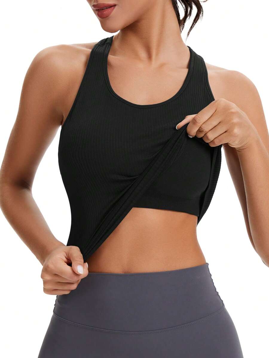 Seamless Workout Tops For Women With Built In Bra Athletic Tank Tops Yoga Runnning Workout Shirts Slim Fit - Black - View 1