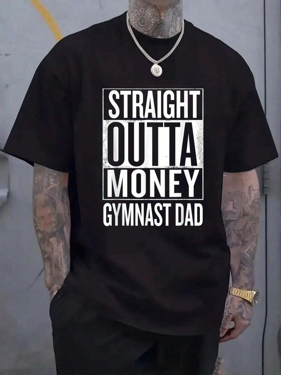 Straight Outta Money Gymnast Dad Gymnastics T Shirts T-Shirt, Casual Crew Neck Short Sleeved Summer T-Shirt, Men'S Top - Black - View 1