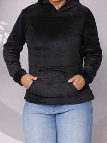 COLD COAT FUR SWEATSHIRT WITH HOOD AND POCKET Simple Casual Tweed Pocket Beach WINTER - Black - View 1