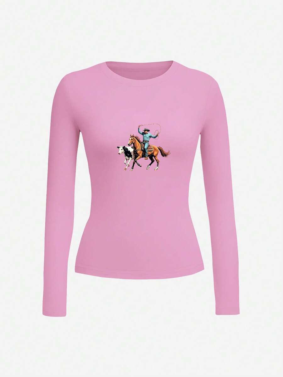 Cowboy On Horseback Swinging Lasso Women's Fashion Long Sleeve Shirt,Y2K, Streetwear, Casual, Rock,Crew Neck,Tee For Women, Holiday, Vacation,Festival,Daily Wear,Outfit Tops - 粉色 - 查看 1