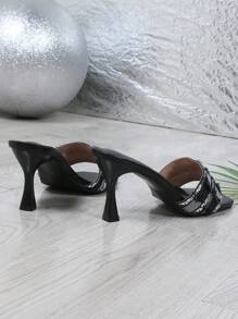 High-End French Style Glossy Stiletto Sandals, Color-Blocking Plaid & Sequins Embellished, Fashionable For Party, Comfortable & Elegant, Versatile Wear