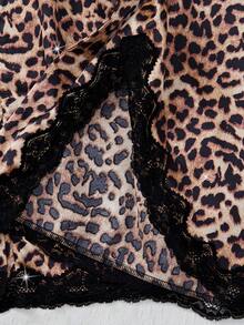 三件套豹纹蕾丝拼接睡衣套装，开衩系腰睡裙配腰带，优雅女士睡衣家居服，秋冬款