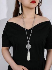 Juego de collar y aretes con 2 piezas, borlas de circonita cúbica plateada y perla, diseño elegante apropiado para que las mujeres lo usen en fiestas de noche, bodas