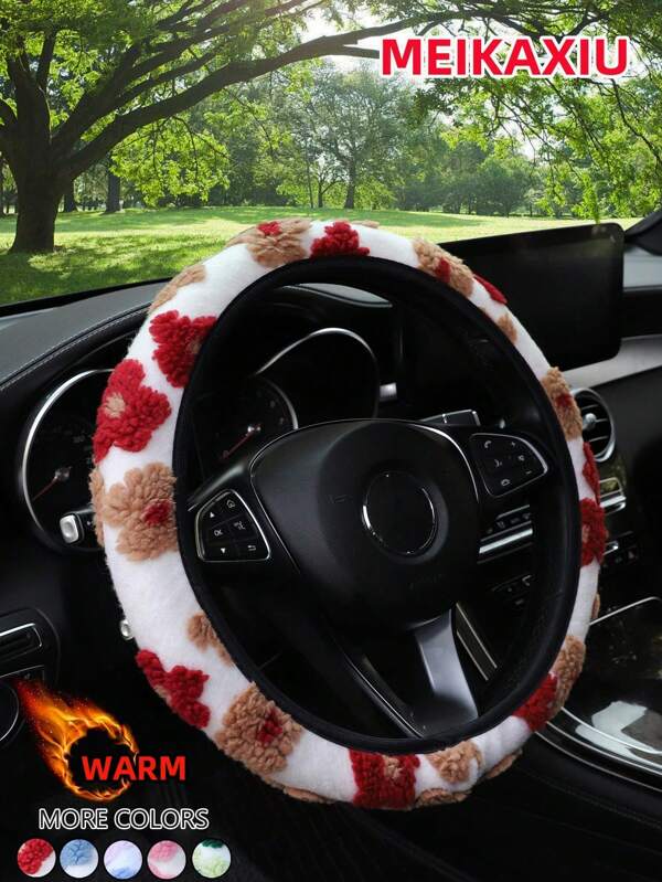1pcMEIKAXIU Plush Flowers Comfortable, Soft, Warm Winter Car No Inner Ring Steering Wheel Cover 14.5-15 Inches Automotive Supplies Automotive Interior Unisex