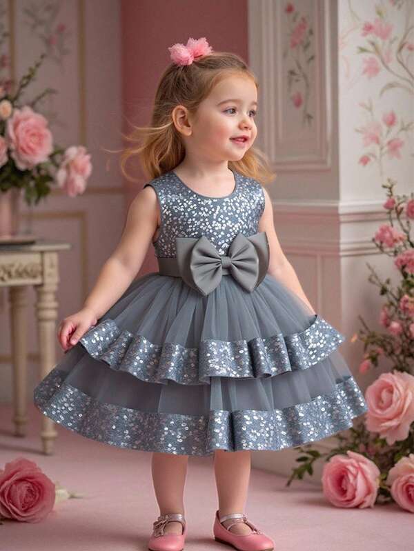 Baby Girls Solid Color Sequin Mesh Bow Tulle Cake Dress Sleeveless Cute Flower Girl Party Dress, Excluding Headband