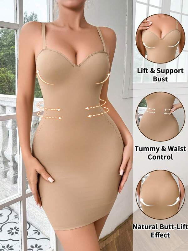 Seamless Sculpting Women Dress With Hollow Design, Waist And Abdomen Support, Supportive Cup, Wearable As Outer Dress