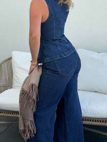 Jeta Ari Bộ 2 món áo ba lỗ xẻ eo cài nút kim loại phía trước cho nữ và quần jeans dài - Bộ denim thanh lịch, quần jeans ống rộng rộng rãi, quần jeans cạp cao cho nữ, FW25 - Rửa tối - Xem 9