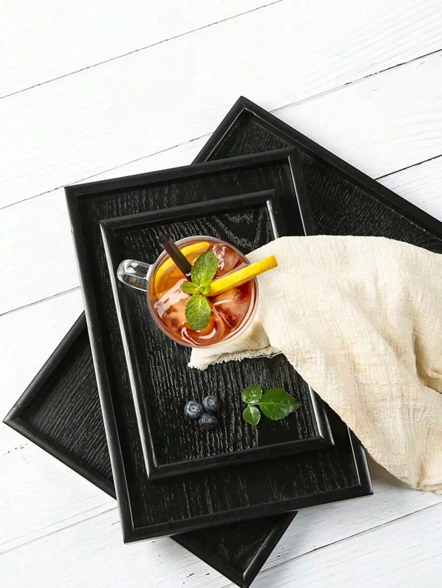 1pc Black Wooden Tray, Suitable For Food, Cakes, Salads, Fruits, Sushi, Drinks, Steaks, Pizzas, Cereals, Matte Textured Surface, Serving Platter For Cafes, Home, Desserts, Tea, Bread, Snacks And Cups