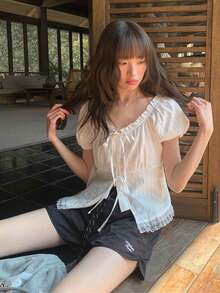 Sweet Girl Puff Sleeve Lace Trim Tie Waist Slim Fit White Blouse