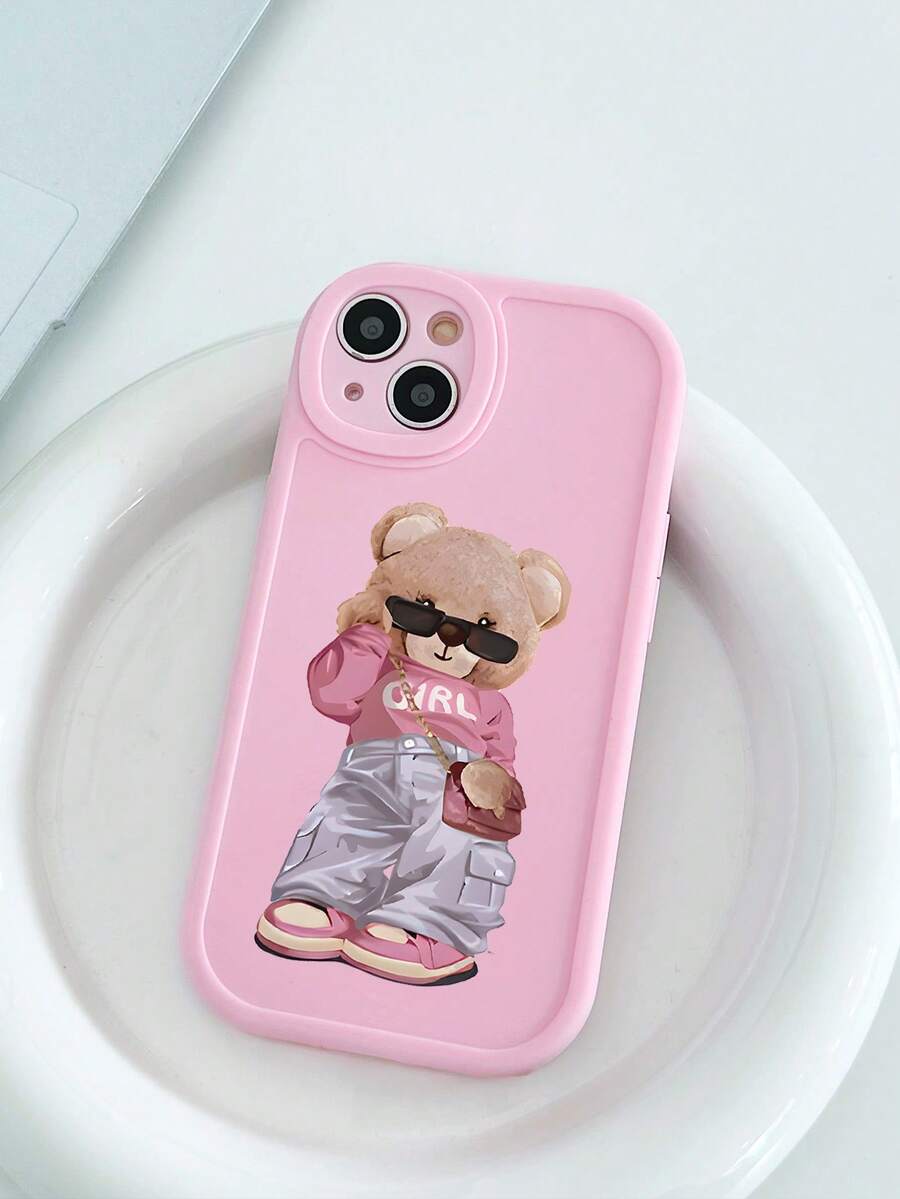 Bear 1pc Cute Pink Bear Pattern Leather Texture Phone Case Compatible With Apple 17, AIR, 17PRO, 17PROMAX, 16promax, 14/13, 12, 11 Pro Max, XS Max, X, XR, 8, 7, 6S, Plus, Mini, And Galaxy A13 5G, S21 FE5G, A15, A21S, A34, A12, S21, S25, Shockproof Phone Cover, Suitable As Birthday Gift, Girlfriend, Boyfriend Or Personal Use - Multicolor - View 1