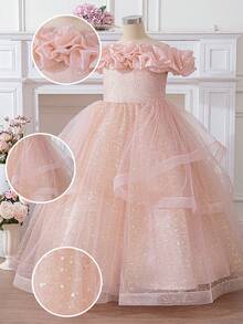 Tween Girls Ruffle Floral Bridesmaid Wedding Party Pageant Flower Girl Dress, Sequin Elegant Prom Birthday Graduation Formal Gown - Hồng - Xem 5