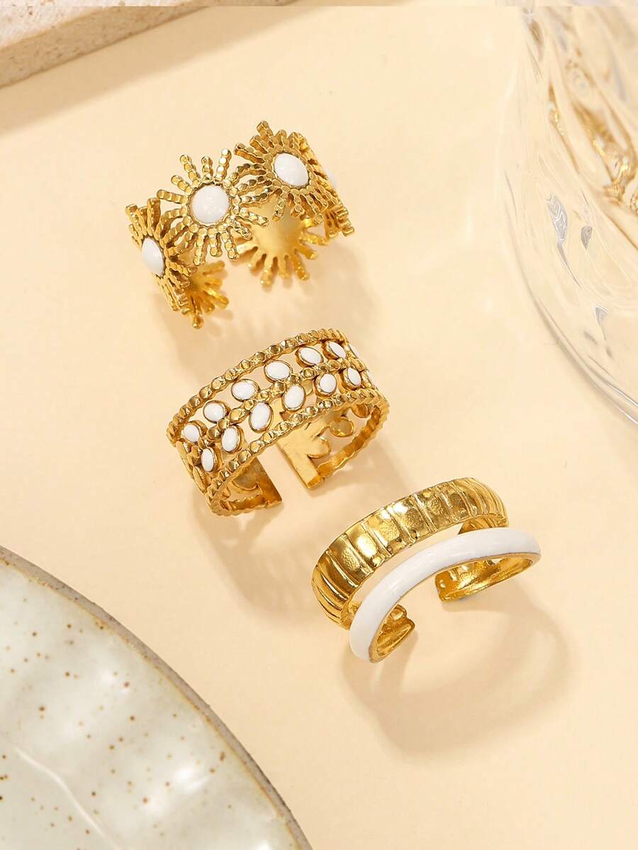 3pcs Fashion Simple Stainless Steel White Oil Drip Ring Set, Suitable For Women's Daily Wear Or Gift - Yellow Gold - View 1