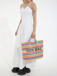 Bolsa tote de palha grande com letras listradas coloridas e bordadas, leve e prática, cor contrastante, bolsa para viagem na praia, adequada para mulheres, bolsa versátil, bolsa para laptop, bolsa de múmia, bolsa de viagem, bolsa grande unissex