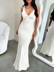 Look Polly Summer Women Dresses,Solid Color Silk Long Skirt Suspender Dress,Wedding Women Dresses Fall Women Clothes, Back To School Clothes,All White Party Outfit Women Off-The-Shoulder Dress Prom Dress,Elegant And Sexy V-Neck Long Dress