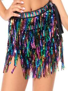 1 pieza Falda envolvente para la cintura con flecos brillantes, falda de 4 capas con flecos de lentejuelas para danza del vientre, danza latina, actuaciones de danza, adecuado para Halloween, carnaval, fiestas de baile, accesorios decorativos para la cintura