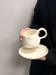 1 件粉色心形手工捏制陶瓷咖啡杯碟，韩国可爱手绘马克杯，高品质女士水杯、咖啡杯、茶杯，适合居家、派对、节日礼物返校 - 彩色 - 查看 3