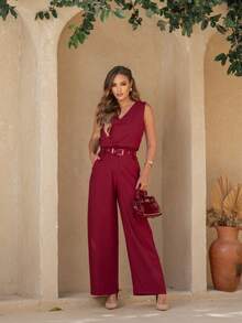 Linen V-Neck Pantaloon Set - Màu Đỏ Sâu - Xem 1
