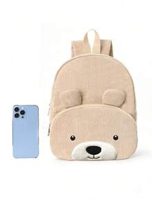 1pc Cute Cartoon Bear Embroidered Large Capacity Multi-Functional Corduroy Material Children's Backpack, Suitable For Girls, Boys, Kindergarten, Elementary School Students, Outdoor Travel, Holiday Gift - Khaki - View 3