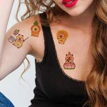 Juego de 4 hojas de tatuajes temporales de expresiones de capibara de dibujos animados, creativos y audaces, a prueba de agua y sudor, fáciles de aplicar y retirar, adecuados para fiestas de cumpleaños, vacaciones, reuniones, regalo ideal - Marrón - Ver 7