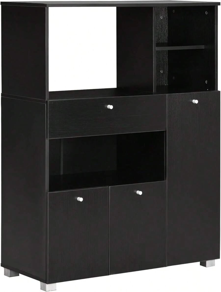 Credenza da cucina per microonde e forno, mobile da cucina con ante, ripiani e cassetto, mobile dispensa moderno in truciolato per soggiorno, 90 x 40 x 120 cm, nero