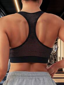 Women Zipper Sport Bra Gym Tank Tops Shockproof Racerback Removable Padding Wireless Bralette Training Bras Sexy Backless Mesh Yoga Compression - Black - View 2