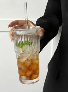 1pc Vertical Striped Plastic/Glass Cup With Lid, Highly Attractive Household Milk Cup, Large Capacity Water Bottle For Summer Back To School