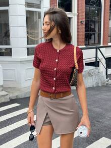 FOR BEAUTY Spring/Summer New Red Twist Flower Round Neck Button Short Sleeved Knitted Cardigan Tops, Simple Temperament, Commuting Style New Year Sweater Jacket - Red - View 1