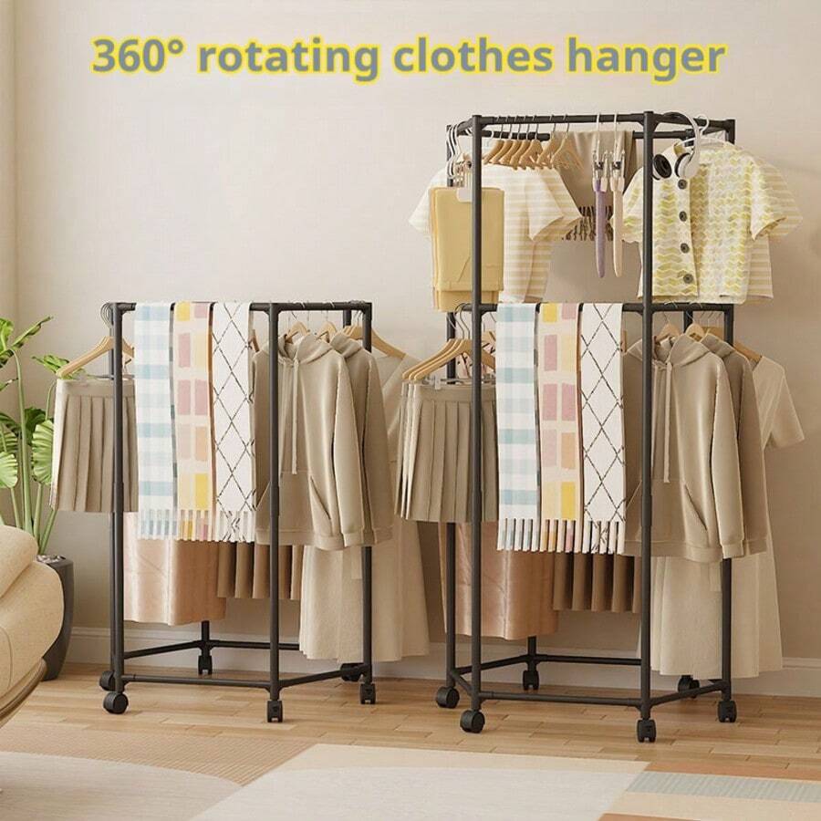 1pc Mobile Floor Standing Hanging Clothes Rack, Luxury European Style Minimalist Garment Hanger, Home Bedroom Clothing Storage Rack, Thick Steel Pipe More Sturdy, 360° Movable Single/Double Layer Options - Multicolor - View 1