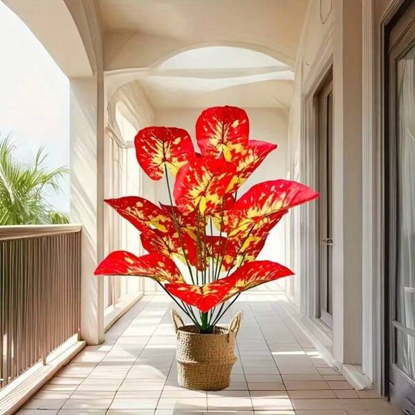 18 hojas de planta artificial Redlock - Hojas rojas multicolor, perenne, sin mantenimiento requerido, apto para uso en el hogar y al aire libre. Perfecto para Pascua, jardín, porche, oficina, sala de estar, dormitorio y comedor, interior y exterior. Ideal para el Día de Acción de Gracias, el Día de la Madre, la ceremonia de graduación, la boda y las escenas románticas (maceta no incluida)