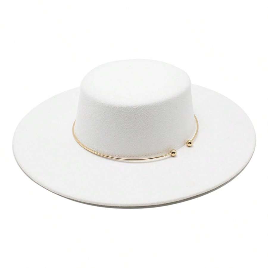 Women Men Fedora Hat Felt Hat Metal Decor Classic Flat Top Jazz Cap Personalized Wide Brim Top Hat - 白色 - 查看 1