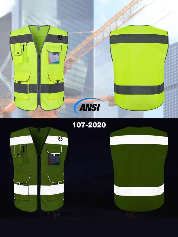 A Piece Of Male And Female Universal 5-Pocket Knitted High-Gloss Reflective Strip High-Visibility Reflective Vest Work Clothes For Construction Site/Warehouse/Road Work, Yellow Reflective Vest Reflective Vest Driver Sanitation Duty Traffic Riding Construction Printing Multi-Pocket Reflective Clothes