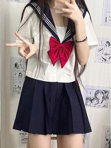 Cute High School Sailor Uniform Summer Uniform JK Uniform Sailor Uniform, Summer Short Sleeve Top And Skirt Suit, Red Tie, Cute Style Casual Outfit, Party Summer Festival Event Costume - Red - View 5