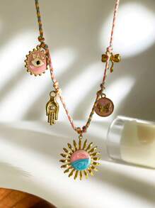 Monlansher Neues original rosa mehrteiliges Bohemien-Stil Damen Halskette mit Elementen wie Hand, Sonnenblume, Schleife, Auge, Schmetterling Anhänger, handgefertigte emaillierte Glasur, modisch elegant für Lässig, Urlaub, Party und Alltag