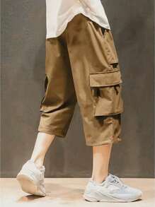 Plus Size Men's Summer Casual Multi-Pocket Drawstring Waist Capri Pants