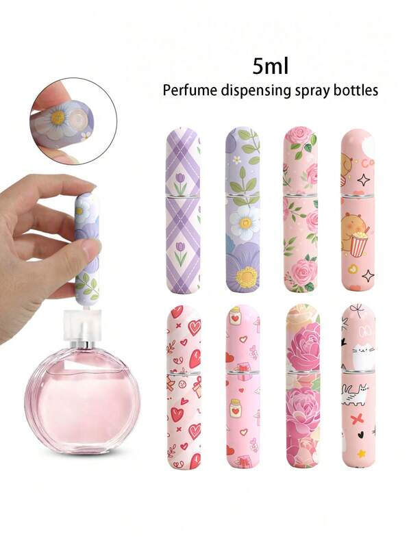 Set de 1/4/8 piezas Botella de spray de perfume con estampado de flores, botella de perfume recargable, mini botella de cosméticos, perfume, herramienta de envasado de rocío puro, múltiples estilos a elegir, regalos de cumpleaños para familiares y amigos, regalos para fiestas, adecuado para viajes portátiles de 5ml